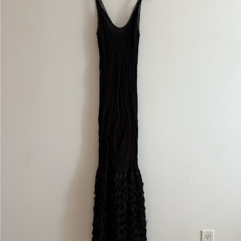 Black Sleeveless Fringe Hem Maxi Dress - semi sheer double lined